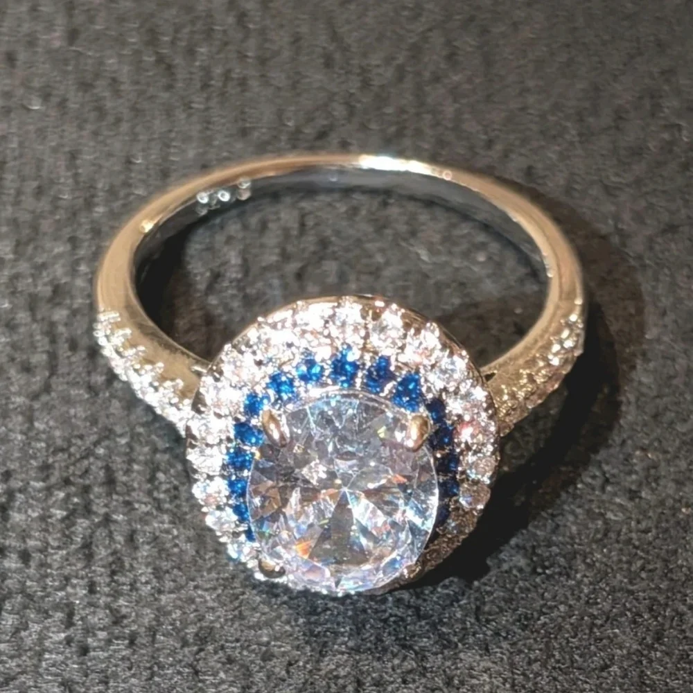 3Ct 925 Silver Oval Cut Blue Halo White Diamond Simulated Engagement Ring  Sz 10
